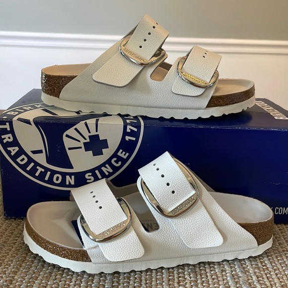 birkenstock white with gold buckle